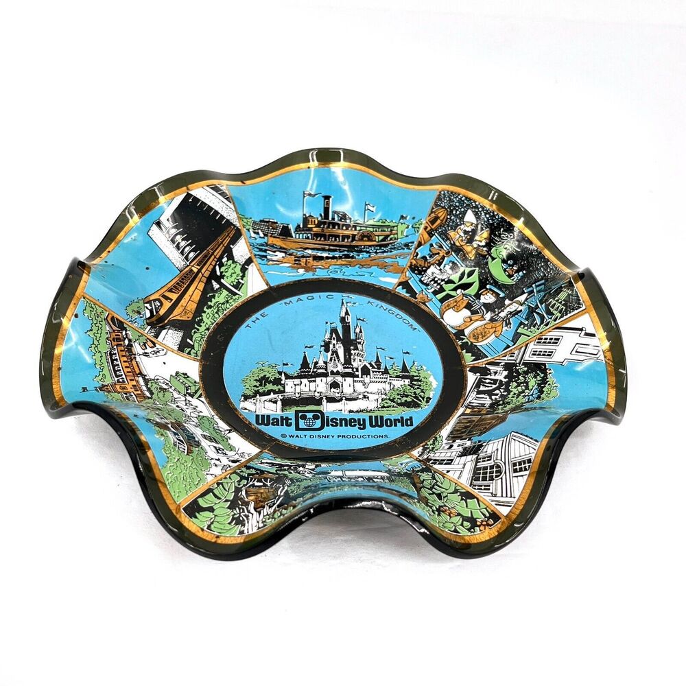 Houze Art Glass Walt Disney World Ruffled Souvenir Dish Vintage Florida